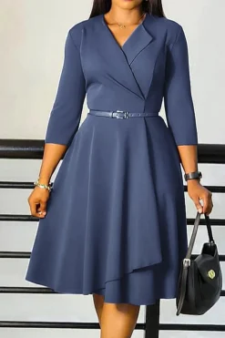 Cinzento Azul Uma Linha Lapela Mangas Longas Cocktail Dress