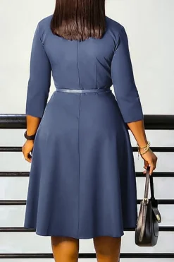 Cinzento Azul Uma Linha Lapela Mangas Longas Cocktail Dress