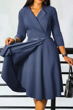 Cinzento Azul Uma Linha Lapela Mangas Longas Cocktail Dress
