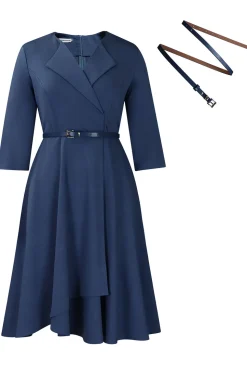 Cinzento Azul Uma Linha Lapela Mangas Longas Cocktail Dress