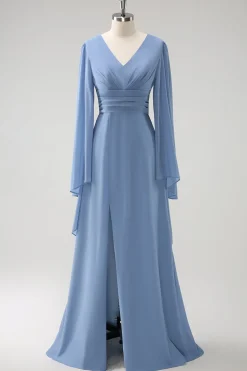 Cinzento Azul Uma Linha Mangas Longas Chiffon Vestido Madrinha com Fenda
