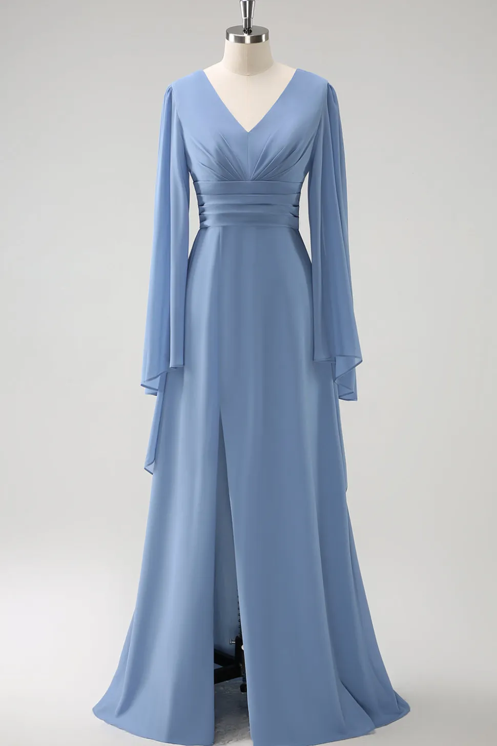 Cinzento Azul Uma Linha Mangas Longas Chiffon Vestido Madrinha com Fenda