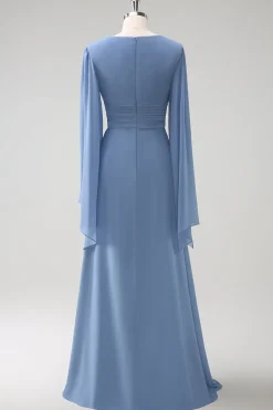 Cinzento Azul Uma Linha Mangas Longas Chiffon Vestido Madrinha com Fenda