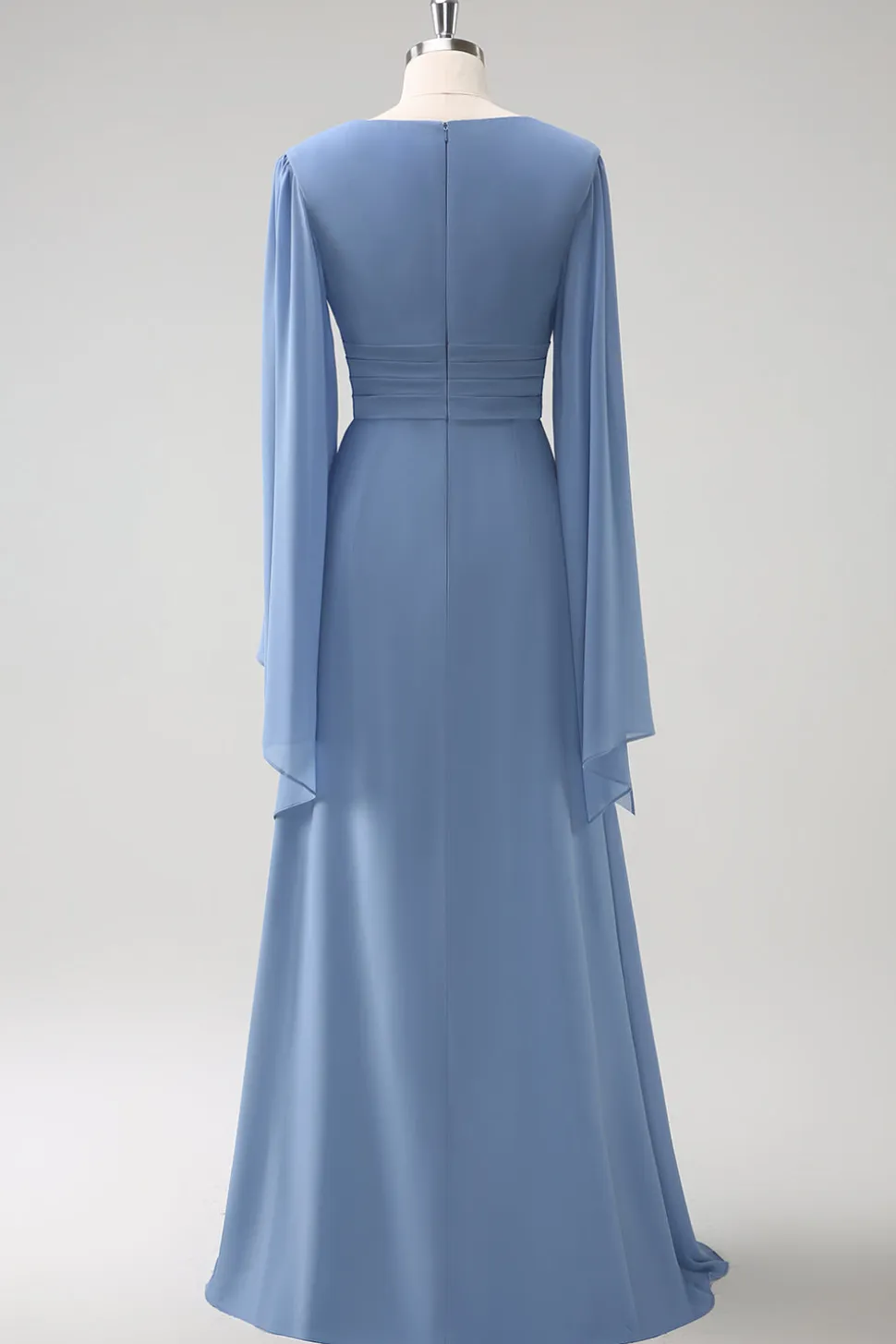 Cinzento Azul Uma Linha Mangas Longas Chiffon Vestido Madrinha com Fenda