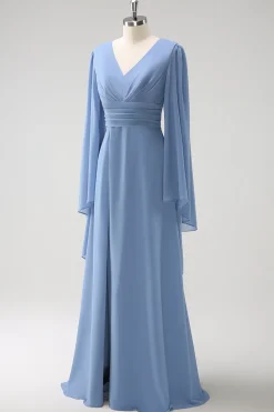 Cinzento Azul Uma Linha Mangas Longas Chiffon Vestido Madrinha com Fenda