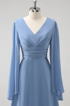 Cinzento Azul Uma Linha Mangas Longas Chiffon Vestido Madrinha com Fenda