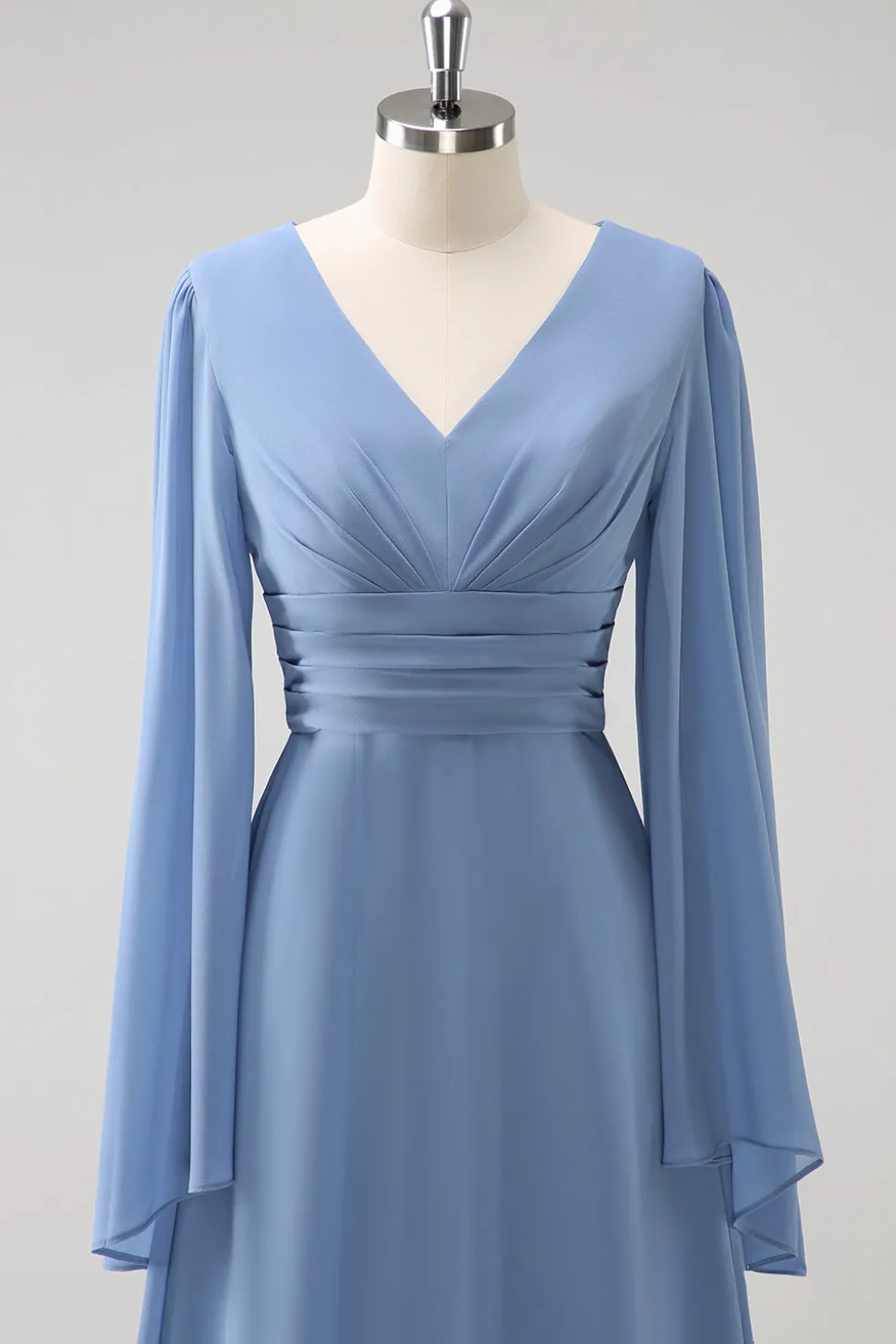 Cinzento Azul Uma Linha Mangas Longas Chiffon Vestido Madrinha com Fenda