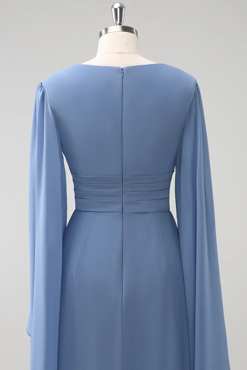 Cinzento Azul Uma Linha Mangas Longas Chiffon Vestido Madrinha com Fenda