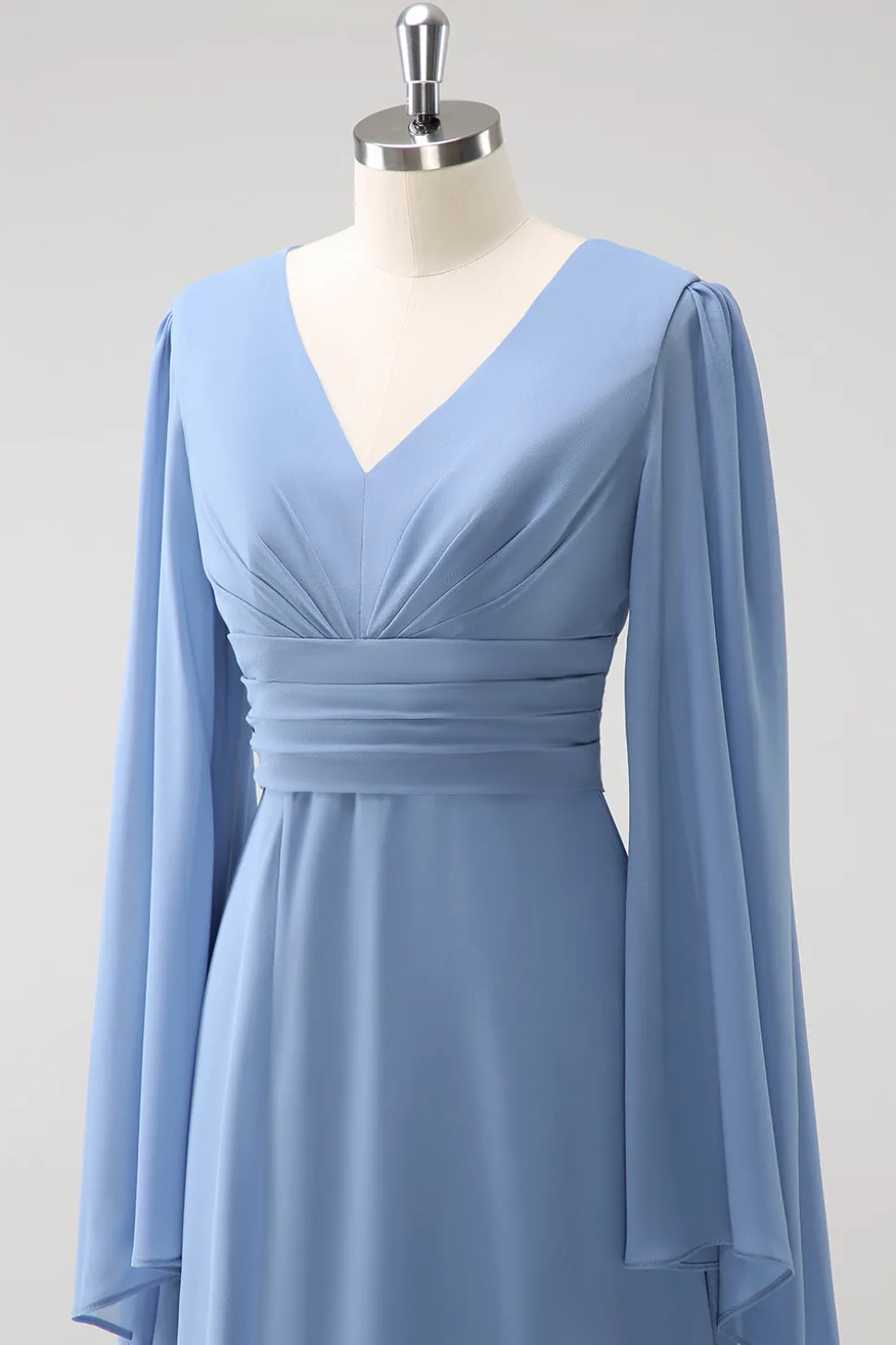 Cinzento Azul Uma Linha Mangas Longas Chiffon Vestido Madrinha com Fenda