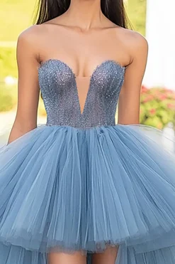 Cinzento Azul Uma Linha Strapless Tulle Hi-Low Prom Dress
