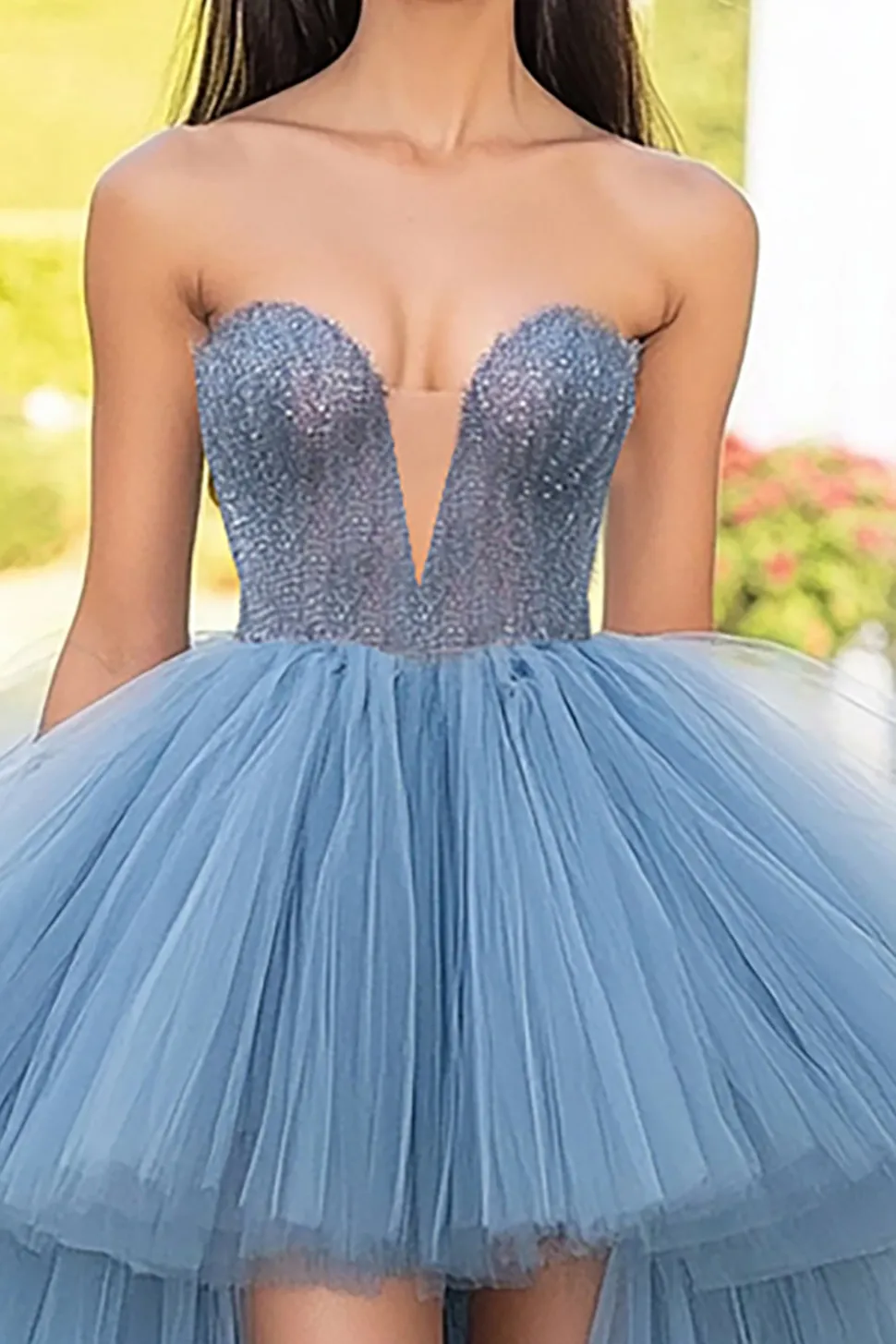 Cinzento Azul Uma Linha Strapless Tulle Hi-Low Prom Dress