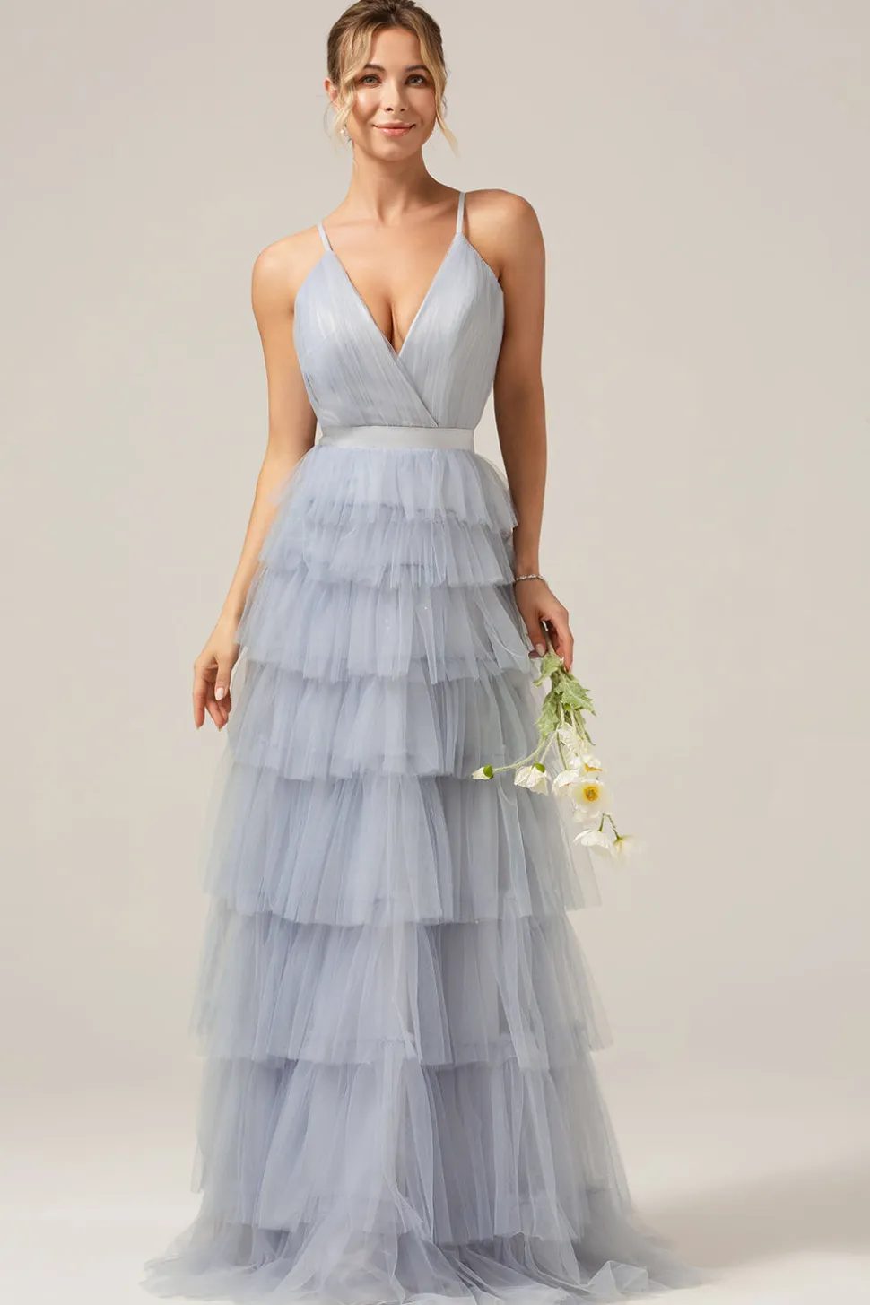 Cinzento Azul Uma Linha Tiered Tulle Prom Dress
