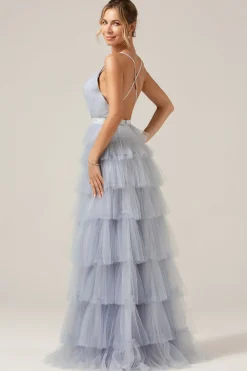 Cinzento Azul Uma Linha Tiered Tulle Prom Dress