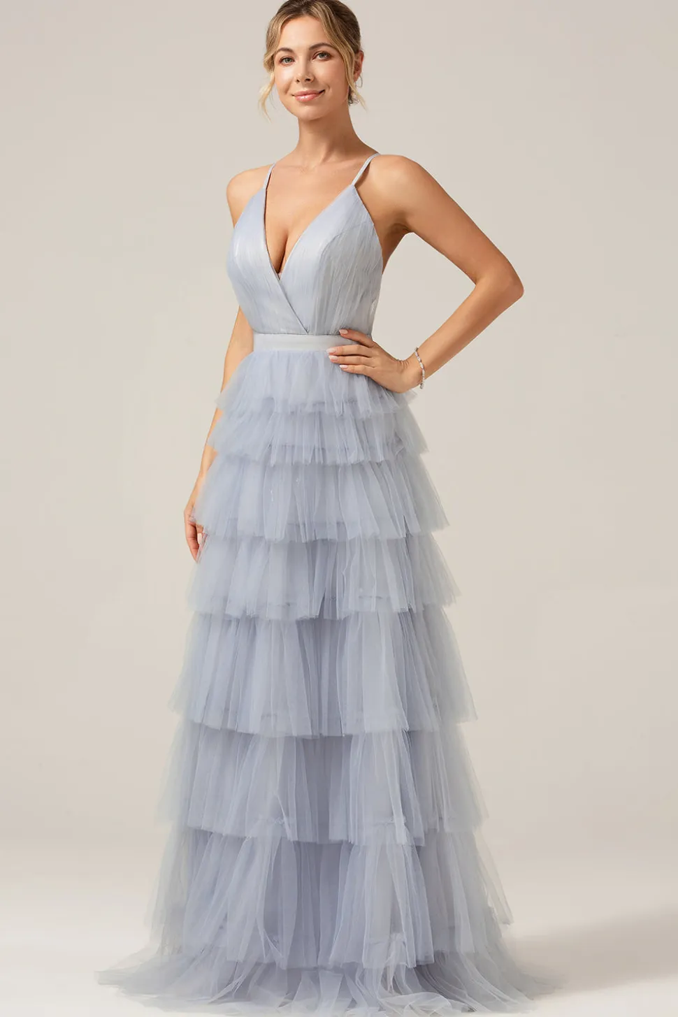 Cinzento Azul Uma Linha Tiered Tulle Prom Dress