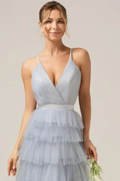 Cinzento Azul Uma Linha Tiered Tulle Prom Dress