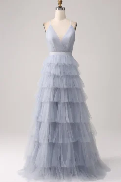 Cinzento Azul Uma Linha Tiered Tulle Backless Long Prom Dress