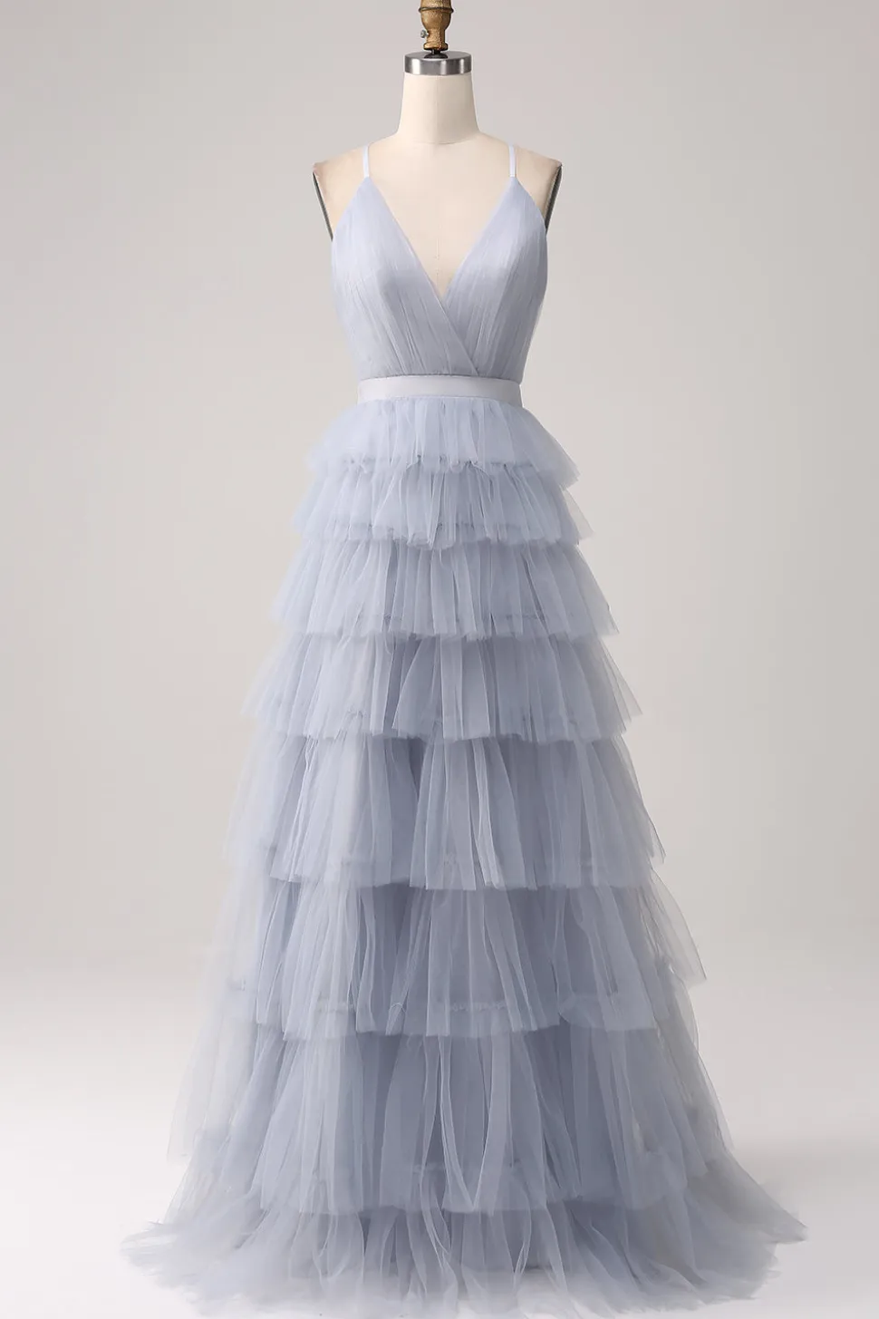 Cinzento Azul Uma Linha Tiered Tulle Backless Long Prom Dress
