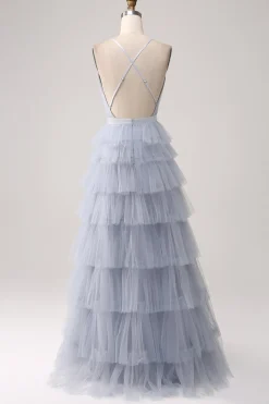Cinzento Azul Uma Linha Tiered Tulle Backless Long Prom Dress