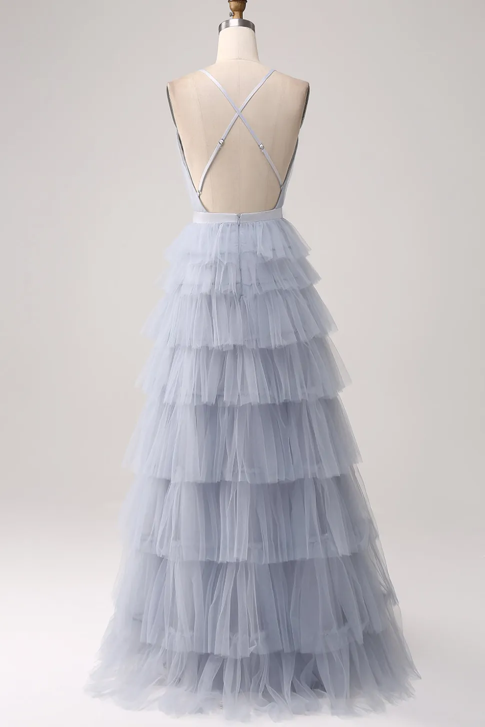 Cinzento Azul Uma Linha Tiered Tulle Backless Long Prom Dress