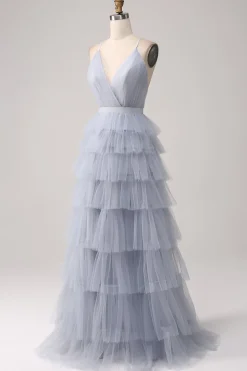 Cinzento Azul Uma Linha Tiered Tulle Backless Long Prom Dress