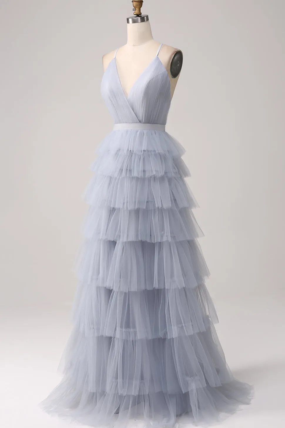 Cinzento Azul Uma Linha Tiered Tulle Backless Long Prom Dress
