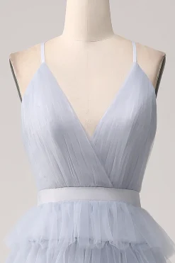 Cinzento Azul Uma Linha Tiered Tulle Backless Long Prom Dress