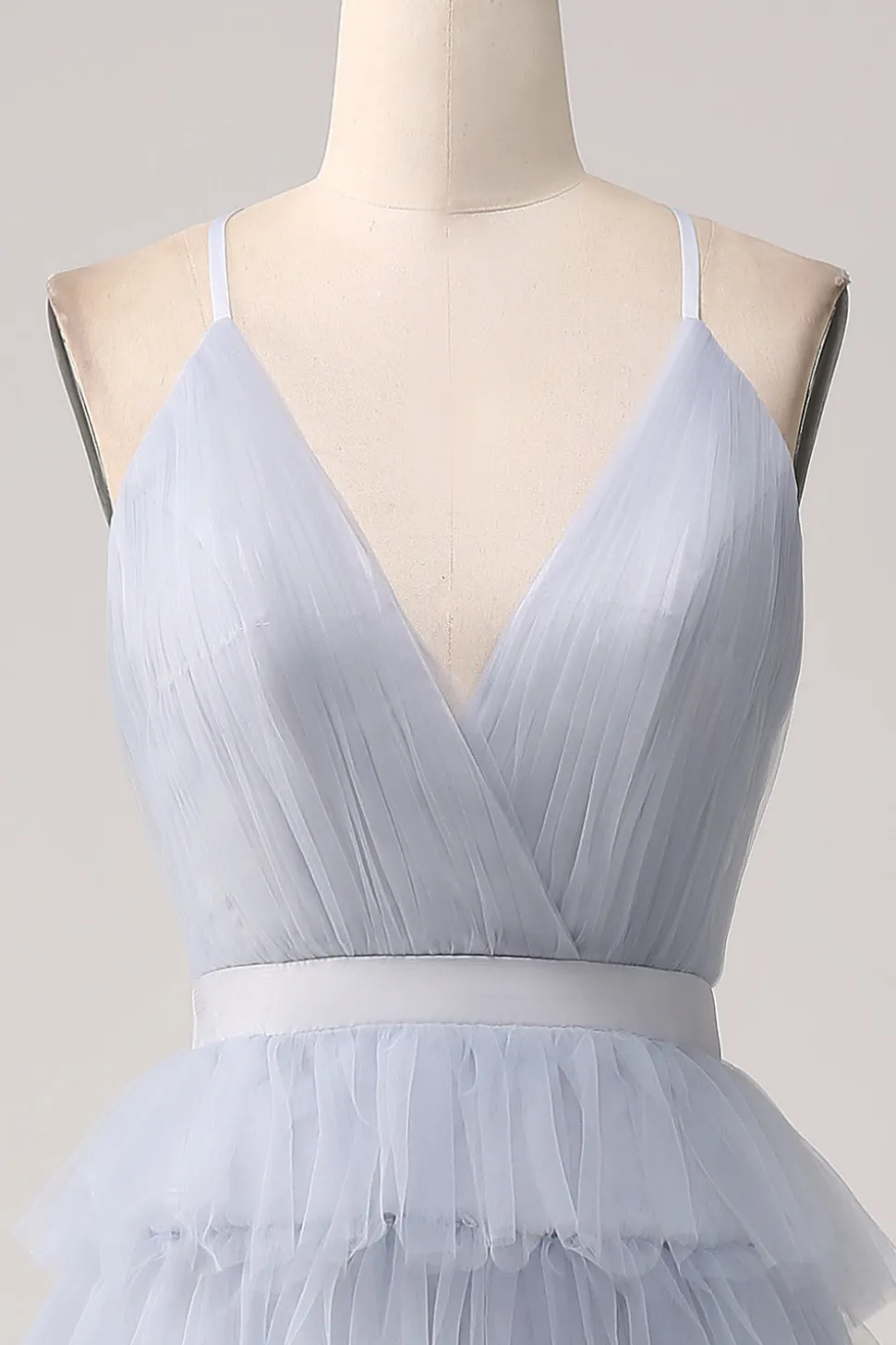 Cinzento Azul Uma Linha Tiered Tulle Backless Long Prom Dress
