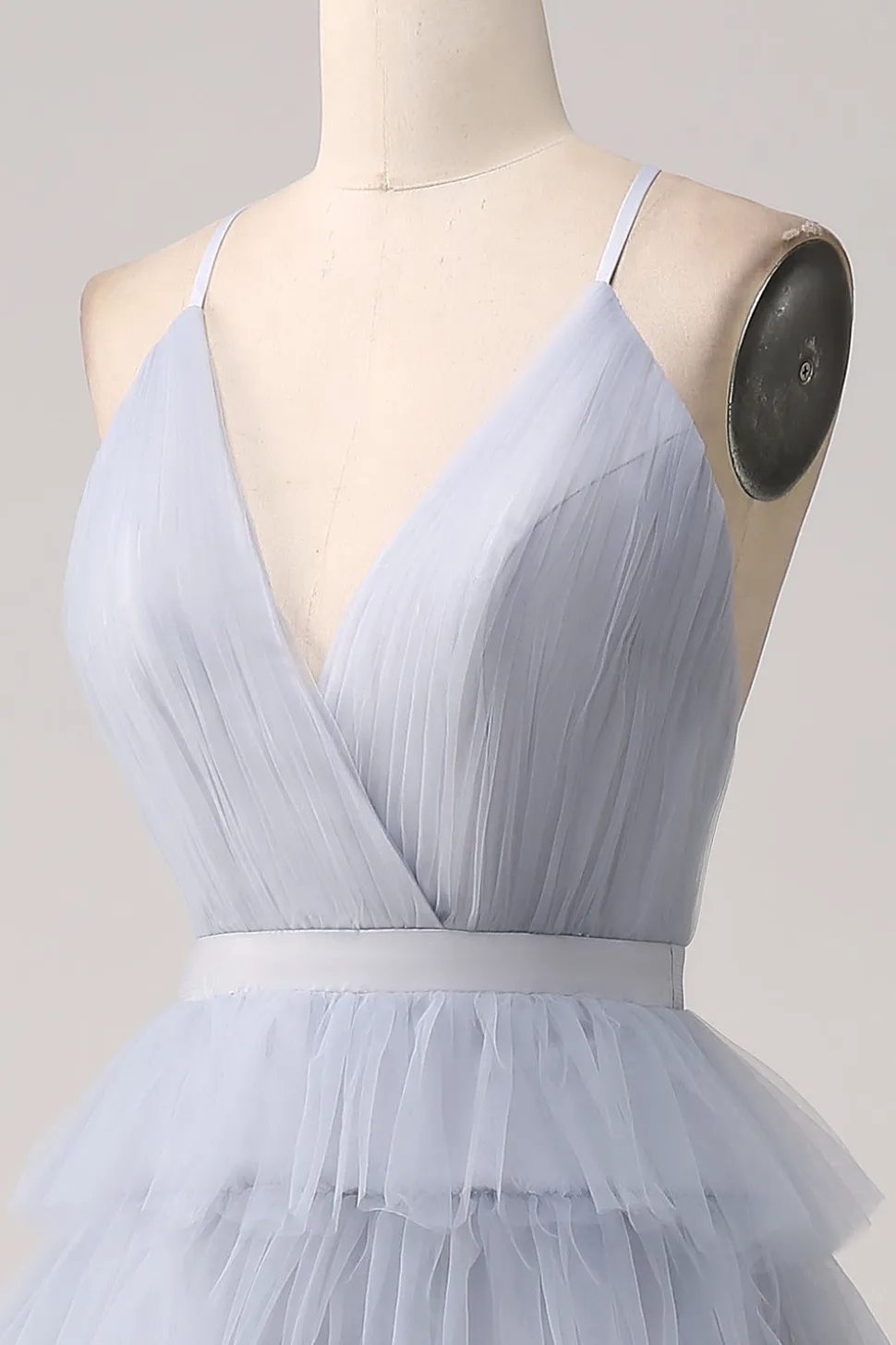 Cinzento Azul Uma Linha Tiered Tulle Backless Long Prom Dress