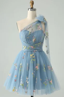 Cinzento Azul Uma Linha Um Ombro Tule Vestido Curto Homecoming com Bordado Floral
