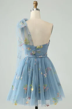 Cinzento Azul Uma Linha Um Ombro Tule Vestido Curto Homecoming com Bordado Floral