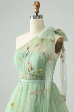 Cinzento Azul Uma Linha Um Ombro Tule Vestido Curto Homecoming com Bordado Floral