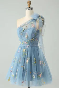 Cinzento Azul Uma Linha Um Ombro Tule Vestido Curto Homecoming com Bordado Floral