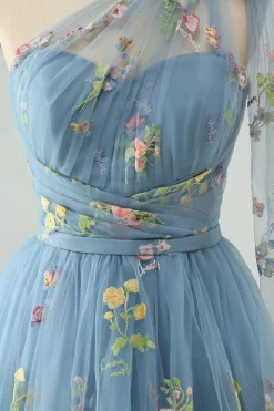 Cinzento Azul Uma Linha Um Ombro Tule Vestido Curto Homecoming com Bordado Floral