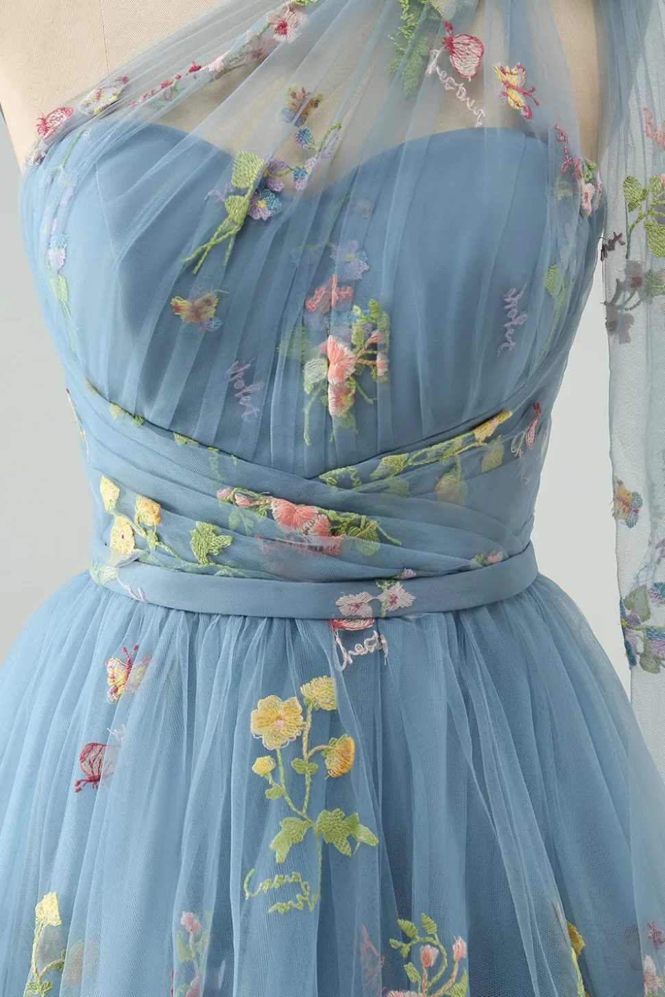 Cinzento Azul Uma Linha Um Ombro Tule Vestido Curto Homecoming com Bordado Floral