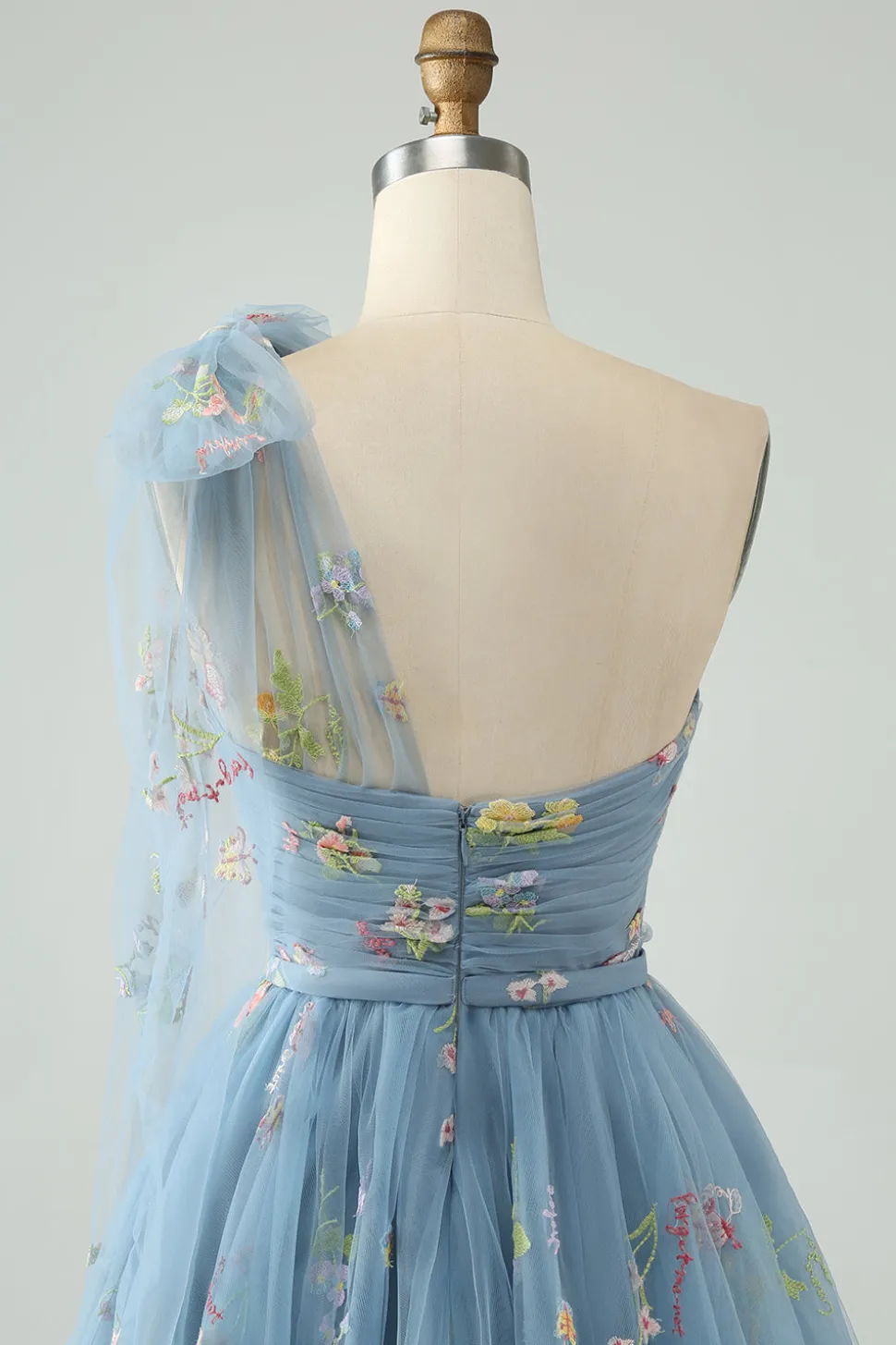 Cinzento Azul Uma Linha Um Ombro Tule Vestido Curto Homecoming com Bordado Floral