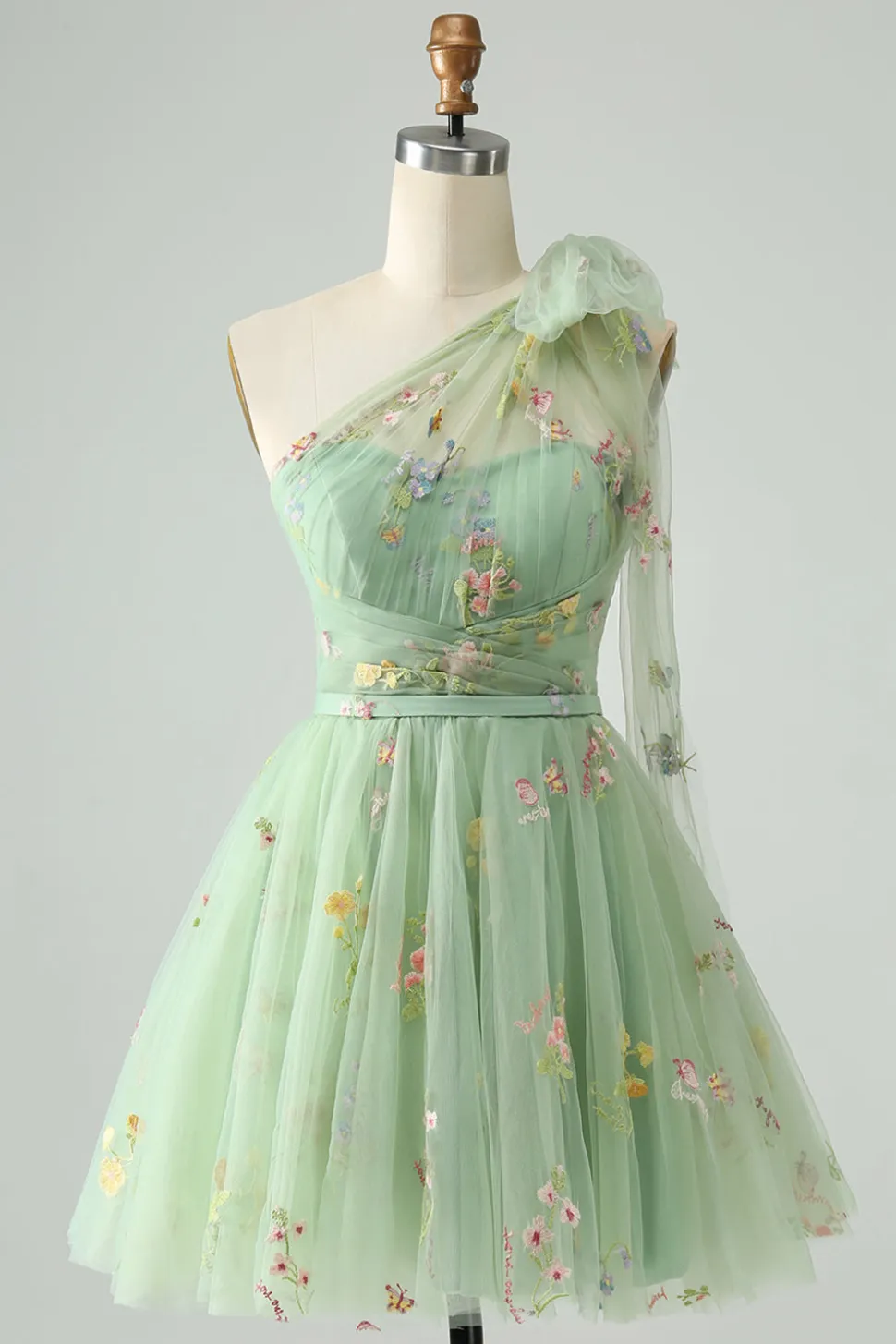 Cinzento Azul Uma Linha Um Ombro Tule Vestido Curto Homecoming com Bordado Floral