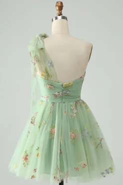 Cinzento Azul Uma Linha Um Ombro Tule Vestido Curto Homecoming com Bordado Floral