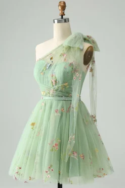 Cinzento Azul Uma Linha Um Ombro Tule Vestido Curto Homecoming com Bordado Floral