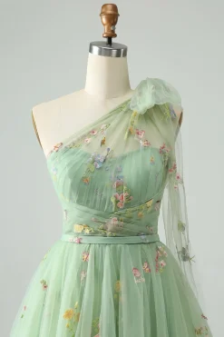 Cinzento Azul Uma Linha Um Ombro Tule Vestido Curto Homecoming com Bordado Floral