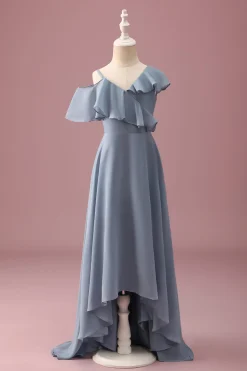Cinzento Azul V-Neck A-Line Chiffon Alto Baixo Vestido de Dama de Honra Júnior