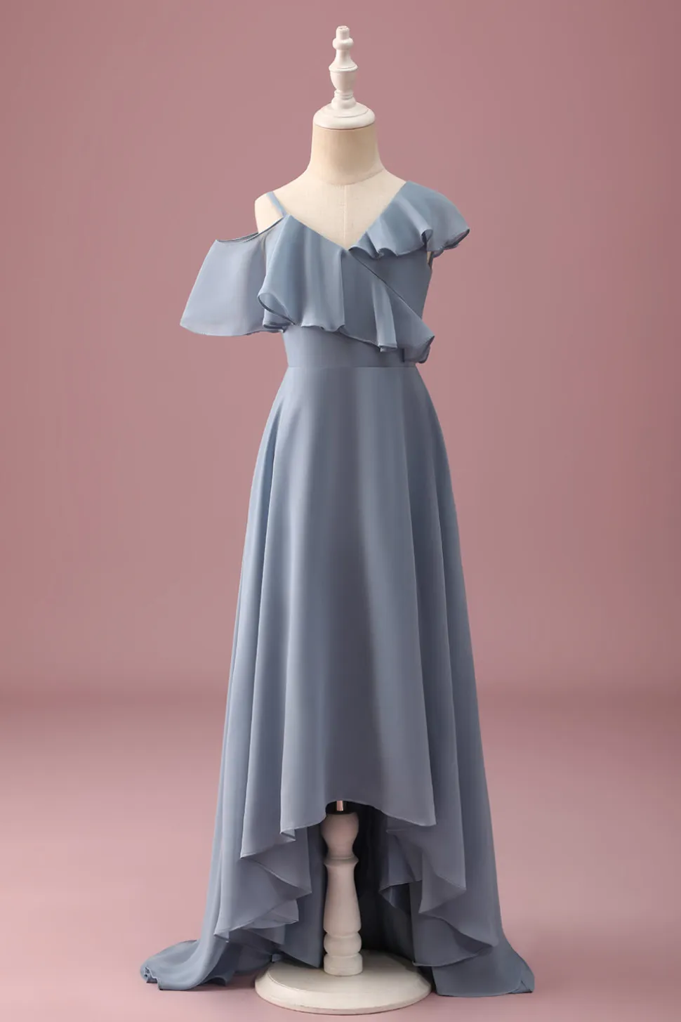 Cinzento Azul V-Neck A-Line Chiffon Alto Baixo Vestido de Dama de Honra Júnior