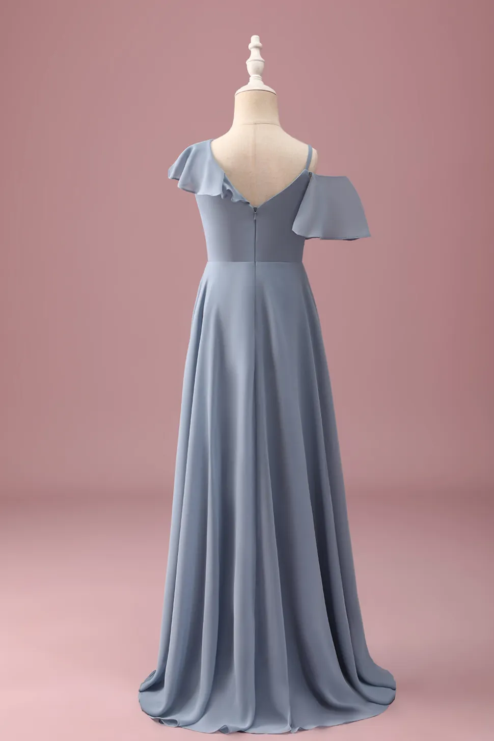 Cinzento Azul V-Neck A-Line Chiffon Alto Baixo Vestido de Dama de Honra Júnior
