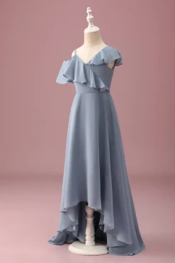 Cinzento Azul V-Neck A-Line Chiffon Alto Baixo Vestido de Dama de Honra Júnior