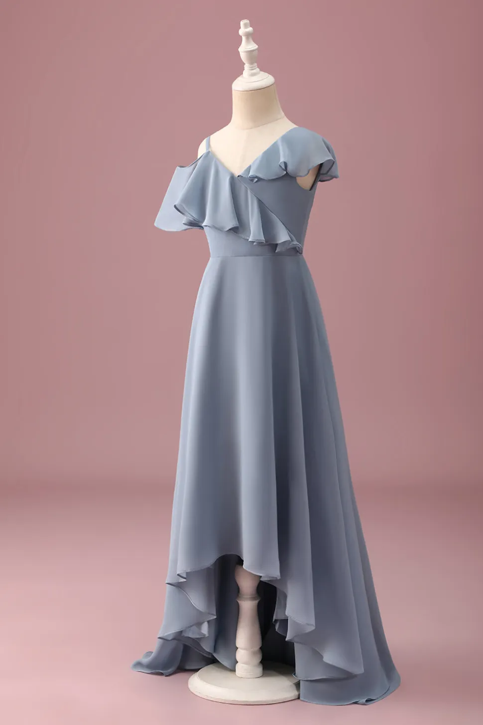 Cinzento Azul V-Neck A-Line Chiffon Alto Baixo Vestido de Dama de Honra Júnior