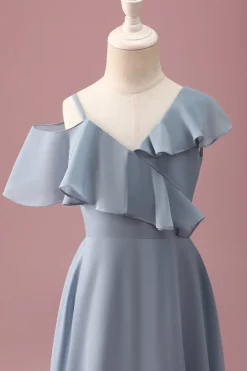 Cinzento Azul V-Neck A-Line Chiffon Alto Baixo Vestido de Dama de Honra Júnior