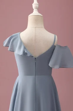Cinzento Azul V-Neck A-Line Chiffon Alto Baixo Vestido de Dama de Honra Júnior