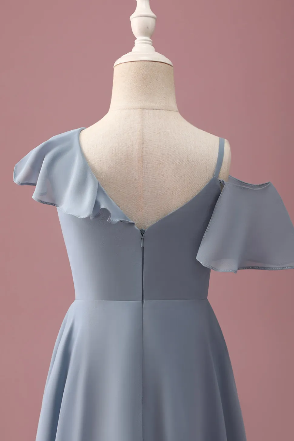 Cinzento Azul V-Neck A-Line Chiffon Alto Baixo Vestido de Dama de Honra Júnior