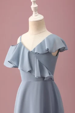 Cinzento Azul V-Neck A-Line Chiffon Alto Baixo Vestido de Dama de Honra Júnior