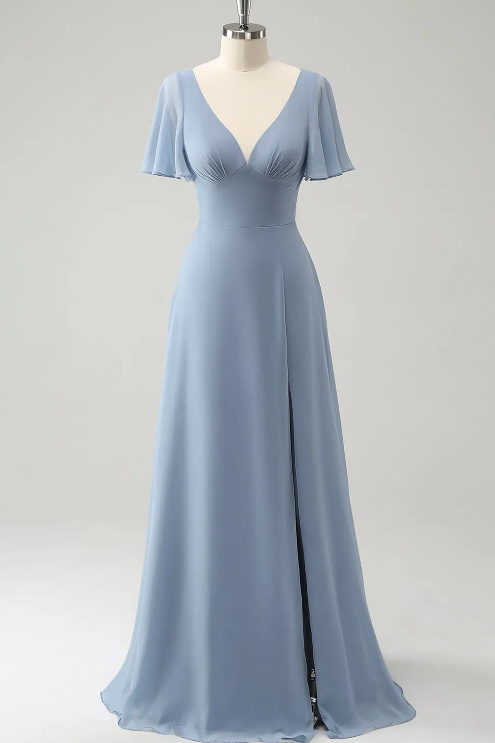 Cinzento Azul V-Neck Puff Chiffon Long Vestido de Dama de Honra com Hollow out Back