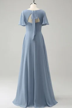 Cinzento Azul V-Neck Puff Chiffon Long Vestido de Dama de Honra com Hollow out Back